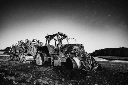 Ausgebrannter Traktor Schwarz Weiss